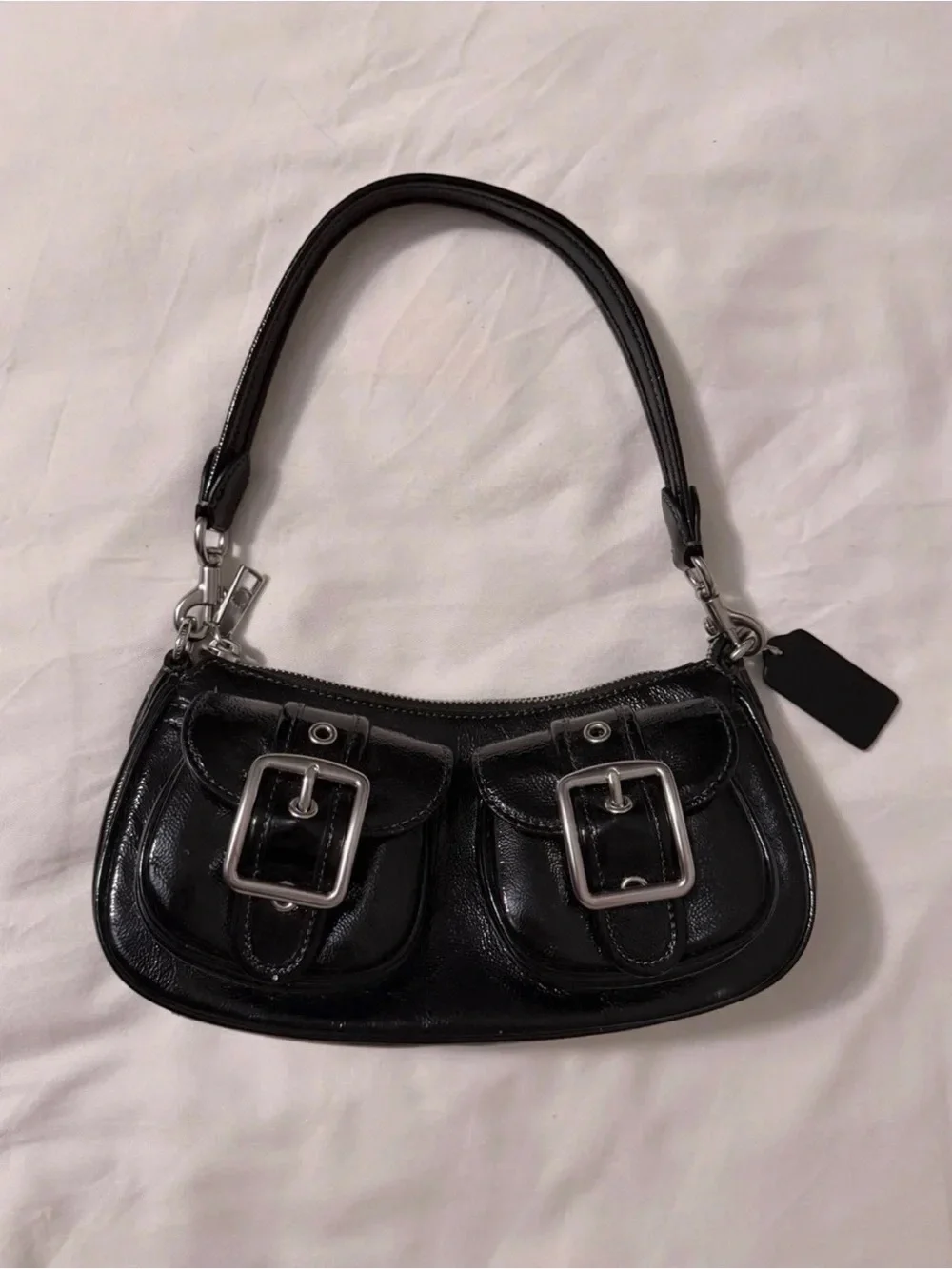 Coach Black Leather Shoulder Bag with Silver Buckles
